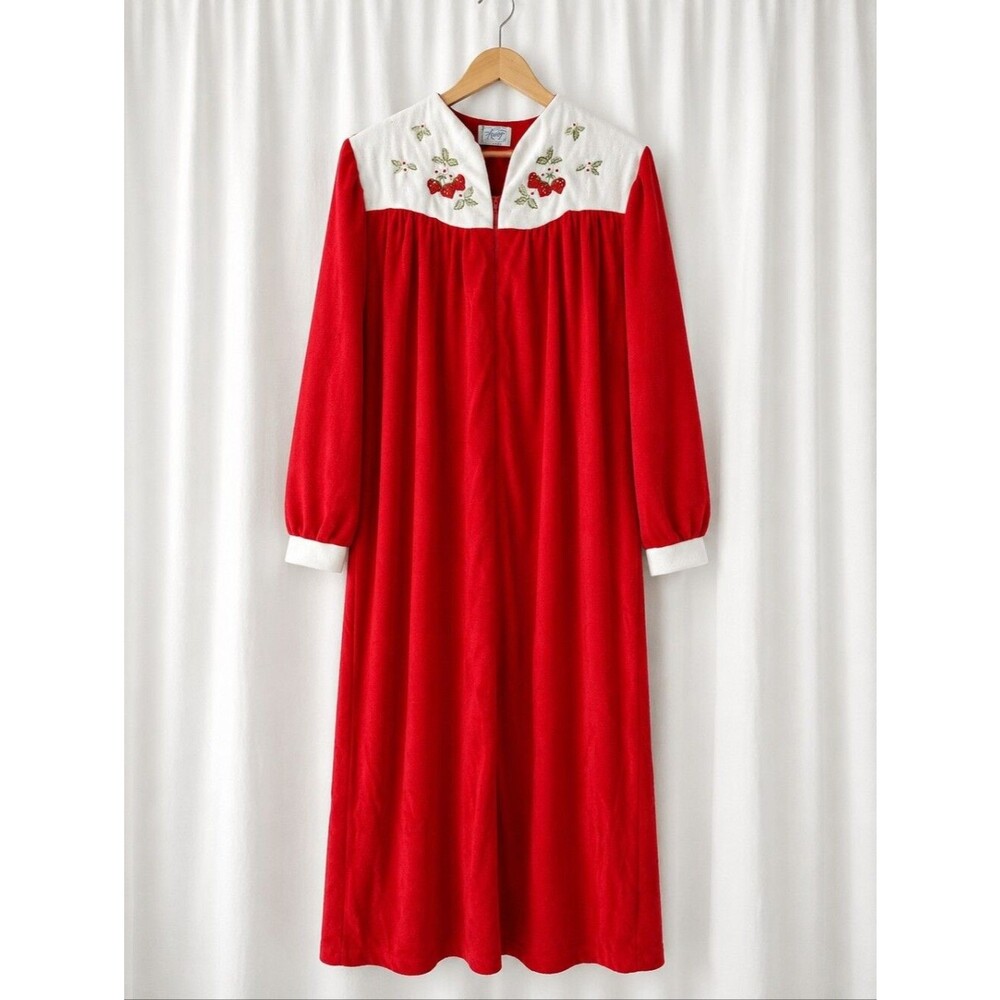 Vintage Katz Strawberry Embroidered Red Velour Zip Front House Robe Cottagecore